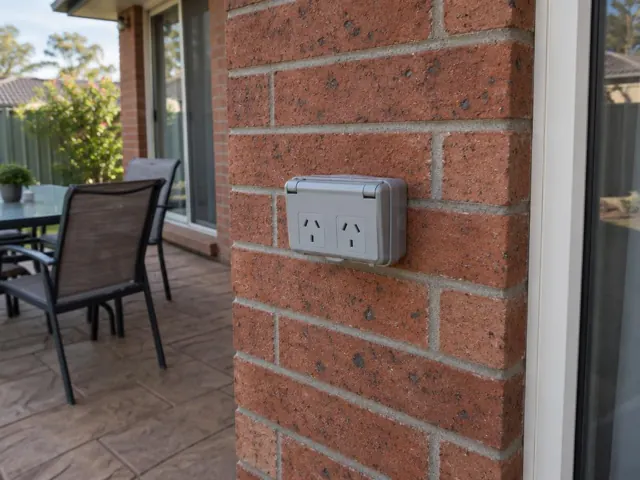 Outdoor double power point mounted on a brick wall beside a patio in Charmhaven